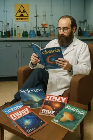 Científico barbudo leyendo una revista llamada "Ciencia" en su laboratorio, rodeado de publicaciones científicas y advertencias de radiactividad.