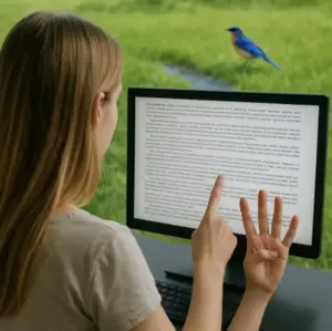"Una joven con cabello largo y rubio contando letras en una pantalla de ordenador usando sus dedos, mientras está sentada junto a una ventana, con un césped verde y un pájaro azul al fondo."