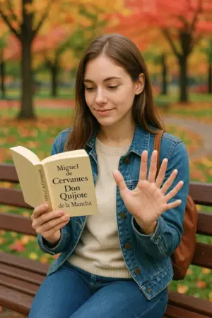 Estudiante sonriente leyendo Don Quijote en un parque otoñal, levantando una mano con demasiados dedos, como si intentara contar las palabras del libro.