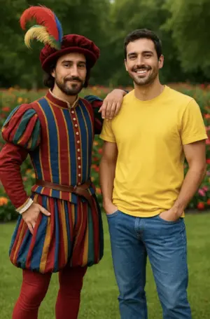 Dos españoles: uno medieval con plumas coloridas, otro moderno con vaqueros y camiseta brillante, en un jardín lleno de flores. Representan la evolución del español a lo largo de los siglos.