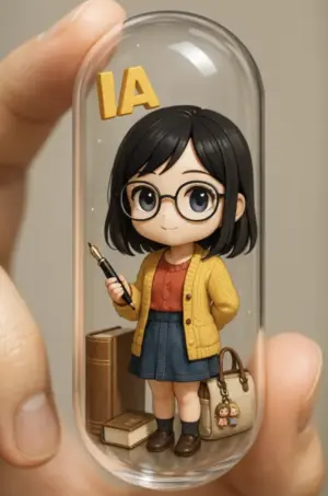 Chibi escritora atrapada en una cápsula de cristal, con sus libros, bolso kawaii y una pluma estilográfica, lista para dominar el mundo… si alguien la suelta.