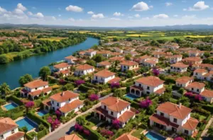 Vista aérea de un colorido paisaje español con casas típicas, un río azul y campos floridos: incontables bienes raíces.
