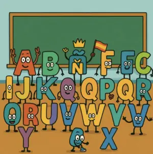 Letras del abecedario español en forma de dibujos animados, sonrientes y con extremidades, posando en un aula; la letra Ñ lleva corona y bandera.