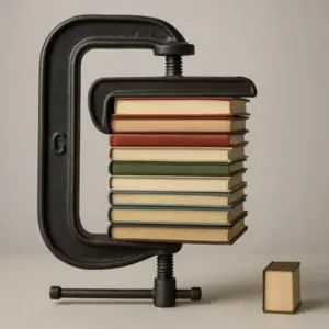 Un sargento de carpintero aprieta una pila de libros, con un libro diminuto a un lado como resultado final: una metáfora visual del "compresor de libros".