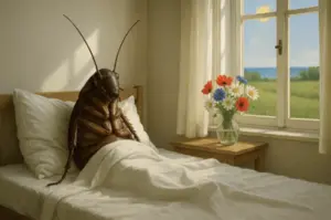 Cucaracha gigante despierta en la cama, con flores y paisaje soleado al fondo