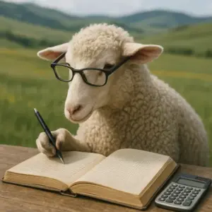 Una oveja con gafas, sentada en una mesa de madera en medio del campo, contando palabras en un libro con una calculadora al lado