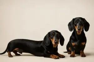 Dos perros salchicha: uno largo acostado y otro más compacto sentado, como metáfora visual de una palabra completa y su versión abreviada.