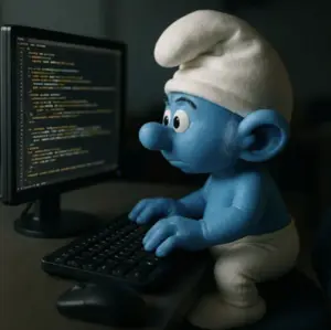 Un pitufo programador tecleando concentrado frente a un monitor con código, representando el esfuerzo de escribir el código más breve posible.