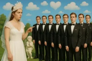 Mujer con vestido de novia señalando a siete novios idénticos mientras un ángel cupido observa, representando visualmente cómo evitar redundancias contribuye a la precisión en la escritura.