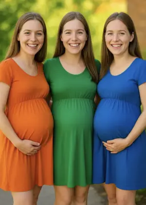 Tres hermanas embarazadas vestidas de forma idéntica salvo por el color, simbolizando la repetición innecesaria en la escritura.