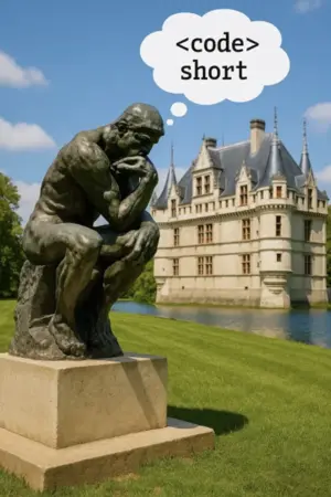 Escultura de 'El Pensador' de Rodin con un globo de pensamiento que dice <code>short</code>, sobre un fondo de césped y un castillo estilo francés.