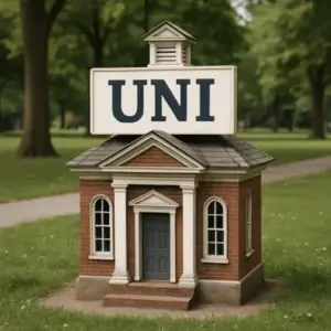 Edificio universitario en miniatura con un gran cartel que dice "UNI", simbolizando la brevedad.