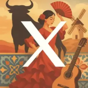 Ilustración con la letra X de Twitter sobre fondo español: mujer flamenca con abanico, toro, guitarra y molino de viento.